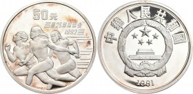 China - Volksrepublik: 50 Yuan 1991, Olympische Spiele 1992 Barcelona, drei Sprinterinnen. KM# 303. 5 OZ (155,5g) 999/1000 Silber, in Kapsel, nur 10.0...