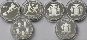 Jamaika: Lot 3 Münzen mit Sportmotiv, dabei: 25 Dollars 1980, Olympische Spiele Moskau, KM# 88, 25 Dollars 1984, Olympische Spiele Los Angeles, KM# 11...