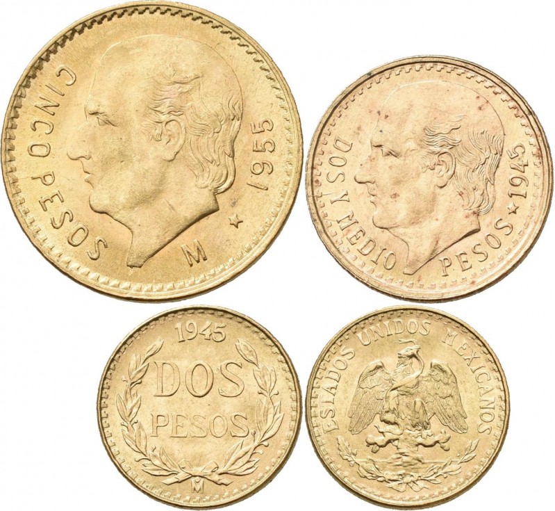 Mexiko: Lot 3 Goldmünzen: 1 x 2 Pesos 1945, 1 x 2½ Pesos 1945, 1 x 5 Pesos 1955....
