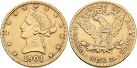Vereinigte Staaten von Amerika: 10 Dollars 1901 (Eagle - Liberty Head coronet), KM# 102, Friedberg 158. 16,69 g, 900/1000 Gold. Kratzer, sehr schön.
...