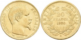 Frankreich: Napoleon III. 1852-1870: 20 Francs 1860 A, Paris. KM# 781.1, Friedberg 573. 6,42 g, 900/1000 Gold, sehr schön - vorzüglich.
 [zzgl. 0 % M...