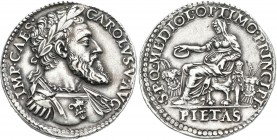 Italien: Karl V. 1535-1556: Testone o. J. Schaumünze auf die Huldigung Karls V. durch den Senat von Mailand. Geharnischtes Brustbild mit Lorbeerkranz,...