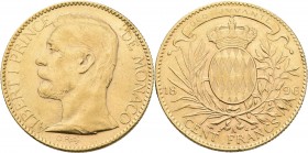 Monaco: Albert I. 1889-1922: 100 Francs 1896 A Paris, KM# 105, Friedberg 13, Gadoury 124. 32,22 g, 900/1000 Gold. Kleine Kratzer und Randfehler (Prüfs...