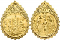 Russland: Nikolaus II. 1894-1917: Tropfenförmige Goldmedaille o. J., unsigniert, mit gezacktem Zierrand, auf die Taufe. Krippenidyll im gotischen Rahm...