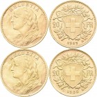 Schweiz: 20 Franken (Vreneli) 1927 B und 1935 LB, KM# 35.1, Friedberg 499. Lot 2 Stück. Jede Münze wiegt ca. 6,45 g, 900/1000 Gold. Vorzüglich.
 [zzg...