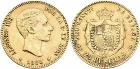 Spanien: Alfonso XII. 1874-1885: 25 Pesetas 1880 (18-80) MS M., KM# 673, Friedberg 342. 8,02 g, 900/1000 Gold. Kratzer, Randfehler, schön - sehr schön...