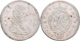 Altdeutschland und RDR bis 1800: Bayern, Maximilian II. Emanuel 1679-1726: 30 Kreuzer / ½ Gulden 1692 (aus 1691) München. Walzenprägung, Hahn 195. 11,...