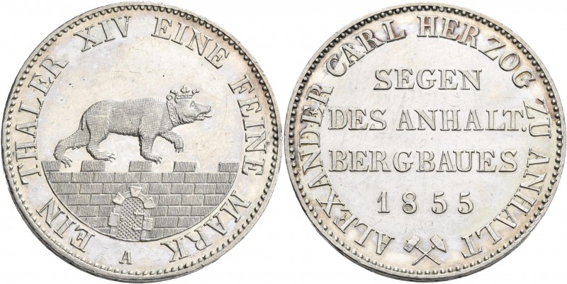 Anhalt-Bernburg: Alexander Carl 1834-1863: Taler 1855 A (Ausbeutetaler). AKS 16,...