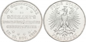 Frankfurt am Main: Freie Stadt: Taler 1859, 100. Geburtstag von Schiller, AKS 43, Jaeger 50. Kratzer, sehr schön - vorzüglich.
 [differenzbesteuert]...