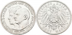 Anhalt: Friedrich II. 1904-1918: 3 Mark 1914 A, Silberhochzeit mit Gemahlin Marie von Baden, Jaeger 24, winzige Kratzer, vorzüglich.
 [differenzbeste...