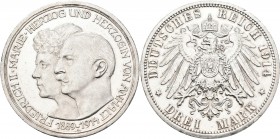Anhalt: Friedrich II. 1904-1918: 3 Mark 1914 A, Silberhochzeit mit Gemahlin Marie von Baden, Jaeger 24, winzige Kratzer und Randfehler, sonst vorzügli...