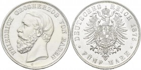 Baden: Friedrich I. 1856-1907: 5 Mark 1875 G, Jaeger 27, mit Querstrich in A von Baden, winzige Kratzer, zaponiert, vorzüglich.
 [differenzbesteuert]...