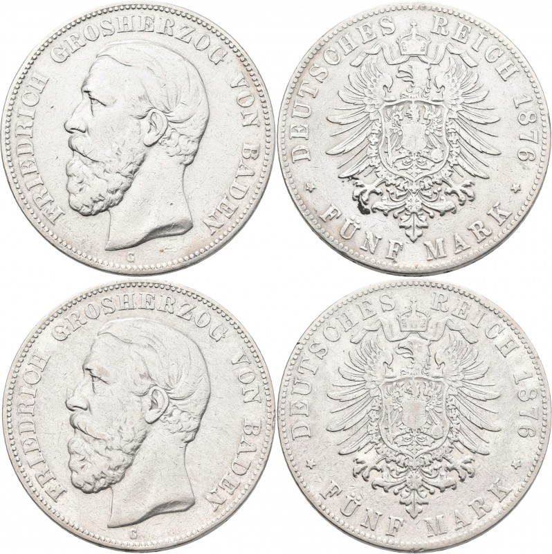 Baden: Friedrich I. 1856-1907: 5 Mark 1876 G, Jaeger 27 und 27 F, mit und ohne Q...