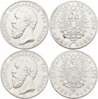 Baden: Friedrich I. 1856-1907: 5 Mark 1876 G, Jaeger 27 und 27 F, mit und ohne Querstrich in A von Baden, Lot 2 Stück, beide fast sehr schön.
 [diffe...