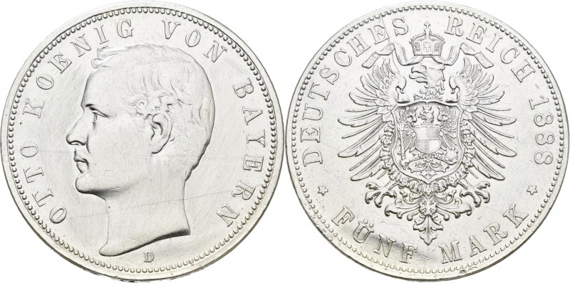Bayern: Otto 1886-1913: 5 Mark 1888 D, Jaeger 44. Kratzer, gereinigt und zaponie...