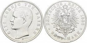 Bayern: Otto 1886-1913: 5 Mark 1888 D, Jaeger 44. Kratzer, gereinigt und zaponiert, sehr schön+.
 [differenzbesteuert]