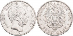 Sachsen: Albert 1873-1902: 5 Mark 1875 E, Jaeger 122, Kratzer und Randfehler, sehr schön.
 [differenzbesteuert]