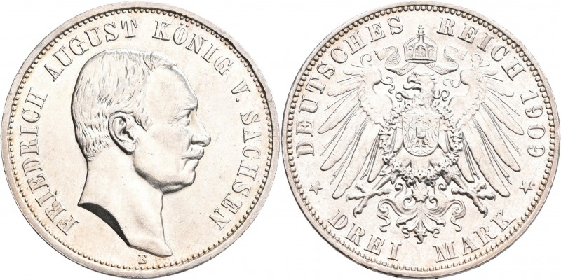 Sachsen: Friedrich August III. 1904-1918: 3 Mark 1909, Jaeger 135, winzige Kratz...