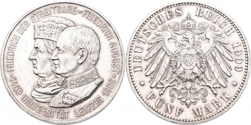 Sachsen: Friedrich August III. 1904-1918: 5 Mark 1909, Universität Leipzig, Jaeg...