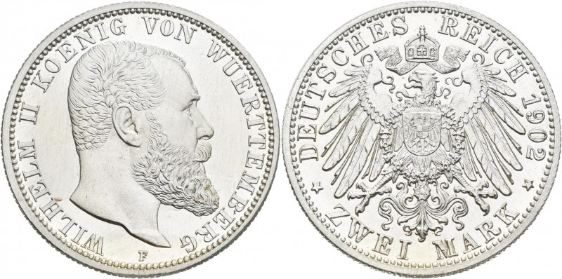 Württemberg: Wilhelm II. 1891-1918: 2 Mark 1902 F, Jaeger 174, zaponiert, sonst ...