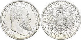Württemberg: Wilhelm II. 1891-1918: 2 Mark 1902 F, Jaeger 174, zaponiert, sonst vorzüglich - stempelglanz.
 [differenzbesteuert]