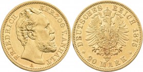 Anhalt: Friedrich I. 1871-1904: 20 Mark 1875 A, Jaeger 179. 7,92 g, 900/1000 Gold. Kratzer, sehr schön / sehr schön - vorzüglich.
 [differenzbesteuer...