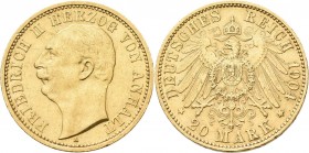 Anhalt: Friedrich II. 1904-1918: 20 Mark 1904 A, Jaeger 182. 7,93 g, 900/1000 Gold. Kratzer, winzige Randfehler, sehr schön / sehr schön - vorzüglich....