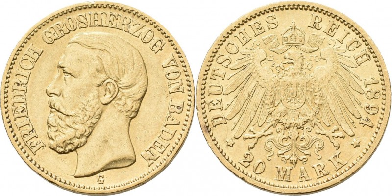 Baden: Friedrich I. 1856-1907:, 20 Mark 1894 G, Jaeger 189. 7,93 g. 900/1000 Gol...