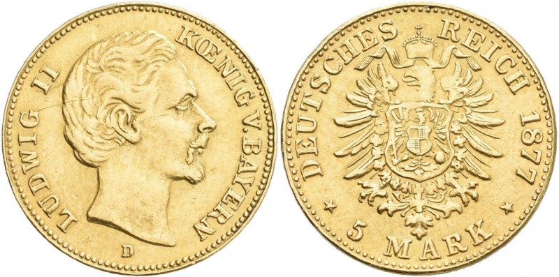 Bayern: Ludwig II. 1864-1886: 5 Mark 1877 D, Jaeger 195. 1,96 g, 900/1000 Gold. ...