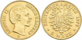 Bayern: Ludwig II. 1864-1886: 5 Mark 1877 D, Jaeger 195. 1,96 g, 900/1000 Gold. Kratzer, Randfehler, fast sehr schön.
[differenzbesteuert]