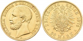 Braunschweig-Lüneburg: Wilhelm 1831-1884: 20 Mark 1875 A, Jaeger 203. 7,94 g, 900/1000 Gold. Kratzer, winzige Randunebenheiten, sehr schön / sehr schö...