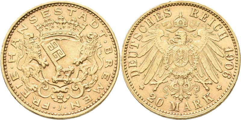 Bremen: 20 Mark 1906 J, Jaeger 205. 7,95 g, 900/1000 Gold. Winzige Kratzer, sehr...