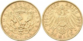 Bremen: 20 Mark 1906 J, Jaeger 205. 7,95 g, 900/1000 Gold. Winzige Kratzer, sehr schön - vorzüglich.
 [differenzbesteuert]