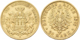 Hamburg: Freie und Hansestadt: 20 Mark 1878 J, Jaeger 210. 7,91 g, 900/1000 Gold, Kratzer, sehr schön.
 [zzgl. 0 % MwSt.]