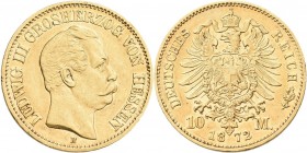 Hessen: Ludwig III. 1848-1877: 10 Mark 1872, Jaeger 213. 3,96 g, 900/1000 Gold. Kratzer, winziger Randfehler, sehr schön / sehr schön - vorzüglich.
 ...