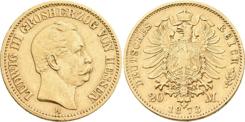Hessen: Ludwig III. 1848-1877: 20 Mark 1873 H, Jaeger 214. 7,89 g, 900/1000 Gold...