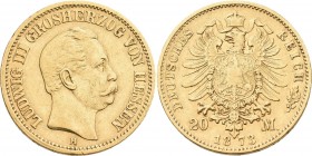 Hessen: Ludwig III. 1848-1877: 20 Mark 1873 H, Jaeger 214. 7,89 g, 900/1000 Gold. Kratzer, sehr schön.
 [zzgl. 0 % MwSt.]