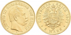Hessen: Ludwig III. 1848-1877: 5 Mark 1877 H, Jaeger 215. 1,97 g, 900/1000 Gold. Kratzer, sehr schön - vorzüglich.
 [differenzbesteuert]