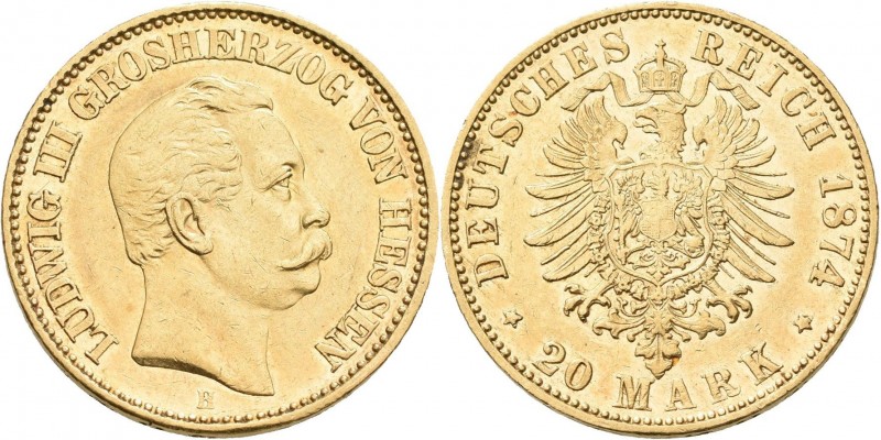 Hessen: Ludwig III. 1848-1877: 20 Mark 1874 H, Jaeger 217. 7,95 g, 900/1000 Gold...