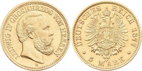 Hessen: Ludwig IV. 1877-1892: 5 Mark 1877 H, Jaeger 218. 1,99 g, 900/1000 Gold. Minimaler Kratzer, winziger Randfehler, vorzüglich - stempelglanz.
 [...