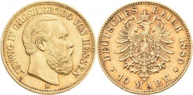 Hessen: Ludwig IV. 1877-1892: 10 Mark 1880 H, Jaeger 219. 3,93 g, 900/1000 Gold. Kratzer, sehr schön+.
 [zzgl. 0 % MwSt.]