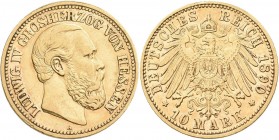 Hessen: Ludwig IV. 1877-1892: 10 Mark 1890 A, Jaeger 220. 3,93 g, 900/1000 Gold. Kratzer, sehr schön - vorzüglich.
 [differenzbesteuert]