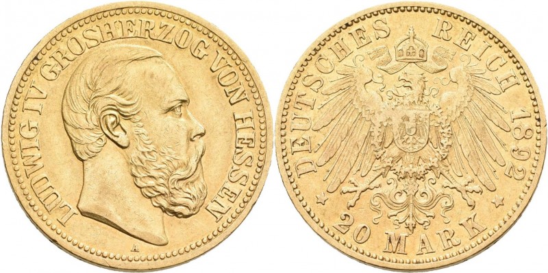 Hessen: Ludwig IV. 1877-1892: 20 Mark 1892 A, Jaeger 221. 7,92 g, 900/1000 Gold....