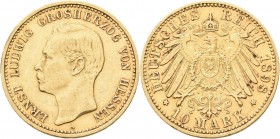Hessen: Ernst Ludwig 1892-1918: 10 Mark 1898 A, Jaeger 224. 3,96 g, 900/1000 Gold. Kratzer, Randfehler / Prüfspur, sehr schön.
 [differenzbesteuert]...