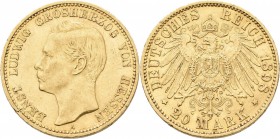 Hessen: Ernst Ludwig 1892-1918: 20 Mark 1898 A, Jaeger 225. 7,94 g, 900/1000 Gold. Kratzer, Schrötlingsfehler / Randschaden, sehr schön.
 [zzgl. 0 % ...