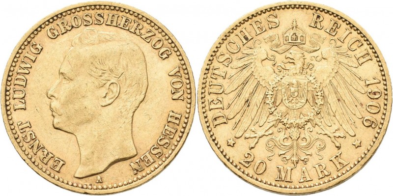 Hessen: Ernst Ludwig 1892-1918: 20 Mark 1906 A, Jaeger 226. 7,95 g, 900/1000 Gol...