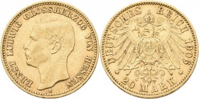 Hessen: Ernst Ludwig 1892-1918: 20 Mark 1906 A, Jaeger 226. 7,95 g, 900/1000 Gold. Kratzer, kleine Randfehler, sehr schön+.
 [zzgl. 0 % MwSt.]