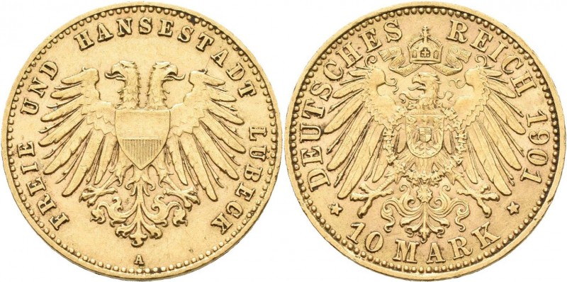 Lübeck: 10 Mark 1901 A, Jaeger 227. 3,97 g, 900/1000 Gold. Kratzer, Kleiner Rand...