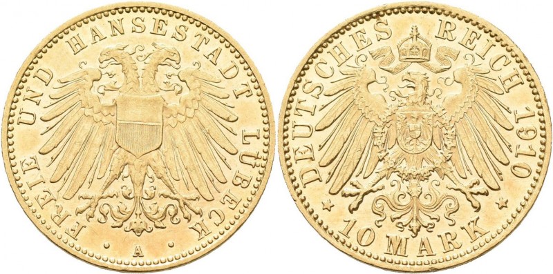 Lübeck: 10 Mark 1910 A, Jaeger 228. 3,96 g, 900/1000 Gold. Winzige Kratzer, vorz...
