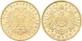Lübeck: 10 Mark 1910 A, Jaeger 228. 3,96 g, 900/1000 Gold. Winzige Kratzer, vorzüglich - stempelglanz.
 [differenzbesteuert]